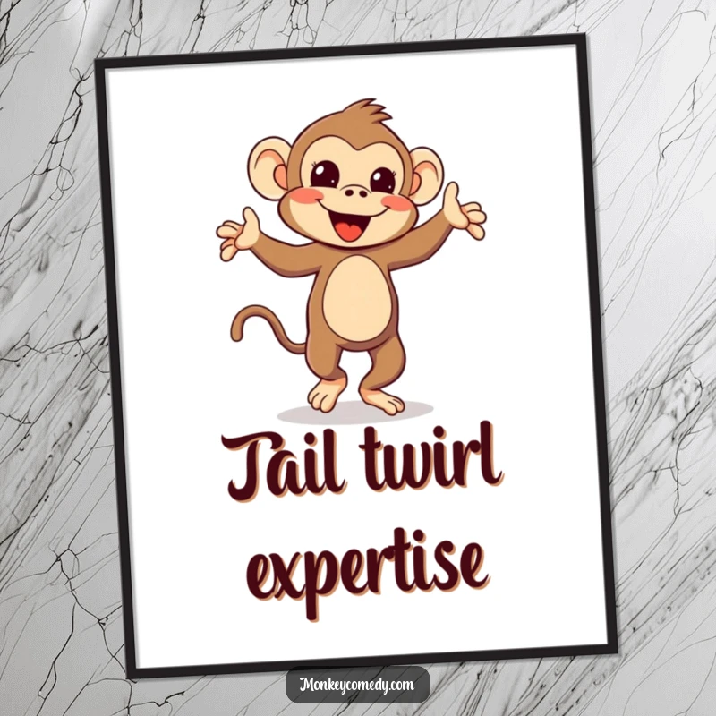 Funny Kawaii Monkey Poster: A visually striking piece of art showing a cute monkey performing a joyful, silly dance with its tail.