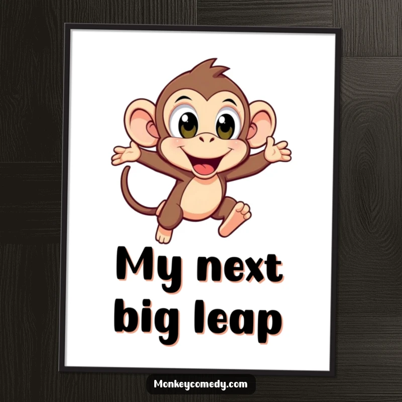 Funny Kawaii Monkey Leaping Poster: A kawaii monkey with big, excited eyes leaps forward with unrestrained joy, creating a dynamic visual.