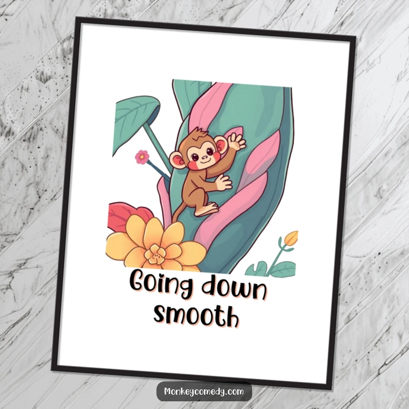 Funny Kawaii monkey poster, a cute primate comically climbing a large, colorful plant, great wall decor, funny gift.