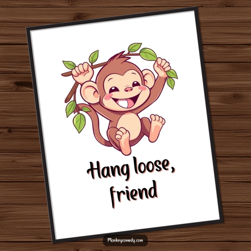 Funny Kawaii Monkey Poster: A wide-grinned, kawaii monkey swings dynamically on a vine, adding playful jungle vibes to any wall.