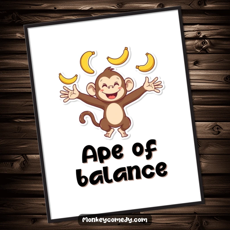 Funny monkey poster showing a playful character with outstretched arms, enthusiastically juggling bananas, adding a humorous touch to decor.