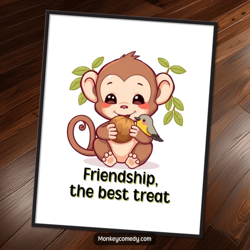 Funny poster print of a monkey and bird sharing a nut, celebrating friendship and kindness for charming wall art.
