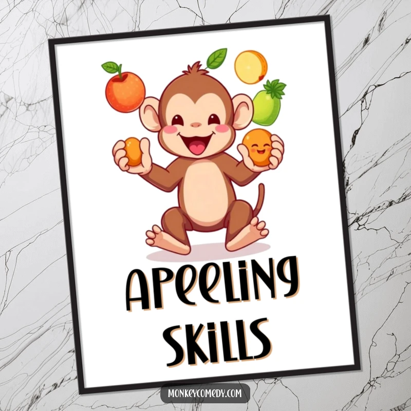 Funny Monkey Juggling Fruits Poster: An energetic monkey is captured mid-performance, skillfully juggling three delicious-looking fruits with a mischievous grin.