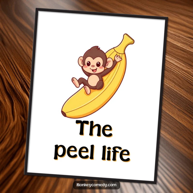 Funny monkey playfully sliding down a giant banana peel, displayed as a wall art poster, perfect gift.