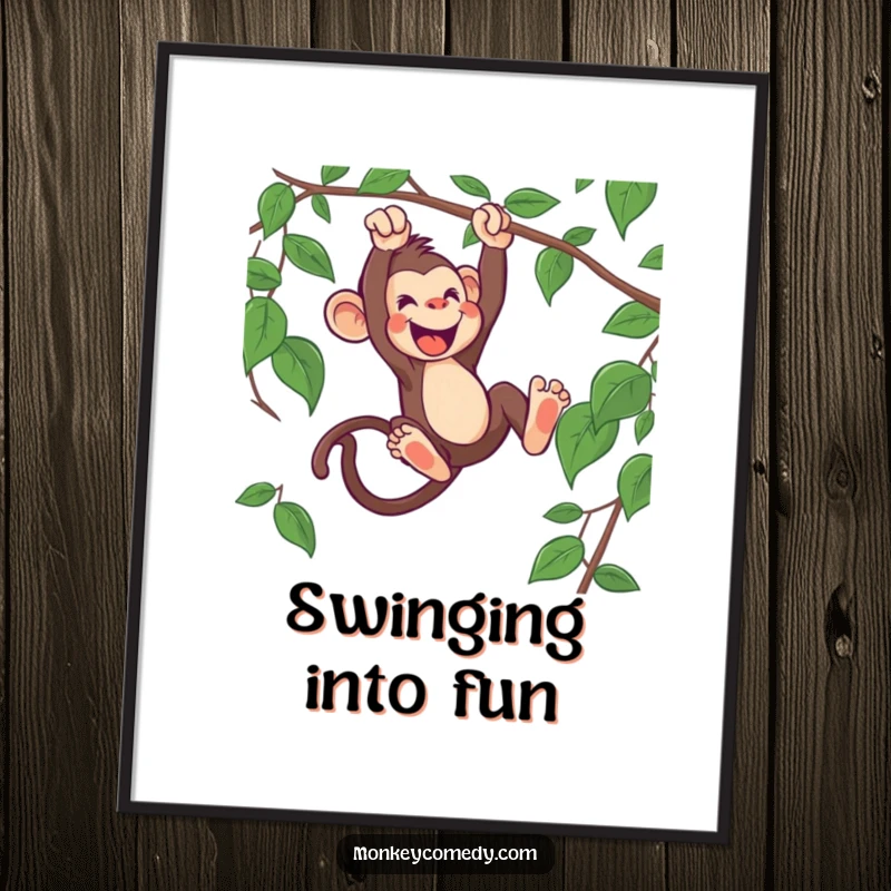Funny monkey poster depicting an enthusiastic monkey energetically swinging from a lush green vine, bringing jungle vibes home.
