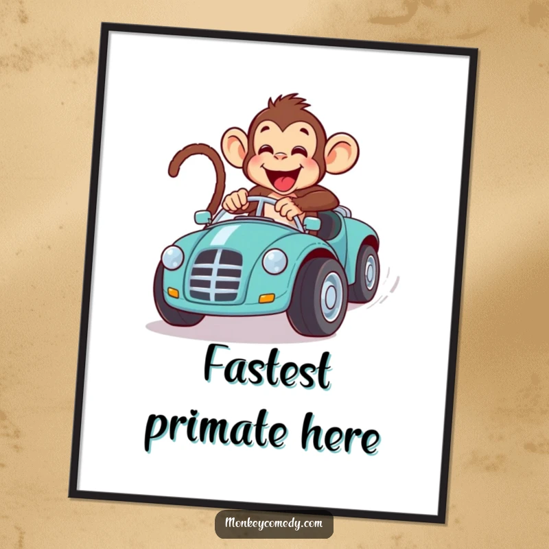 Funny monkey toy car race poster, depicting a primate in a comical race with a large toy car, full of energy.