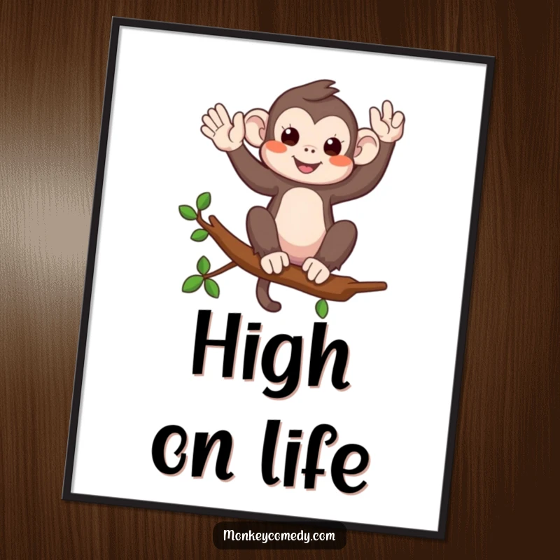 Funny poster of a monkey on a branch waving playfully, creating a cheerful and welcoming atmosphere.