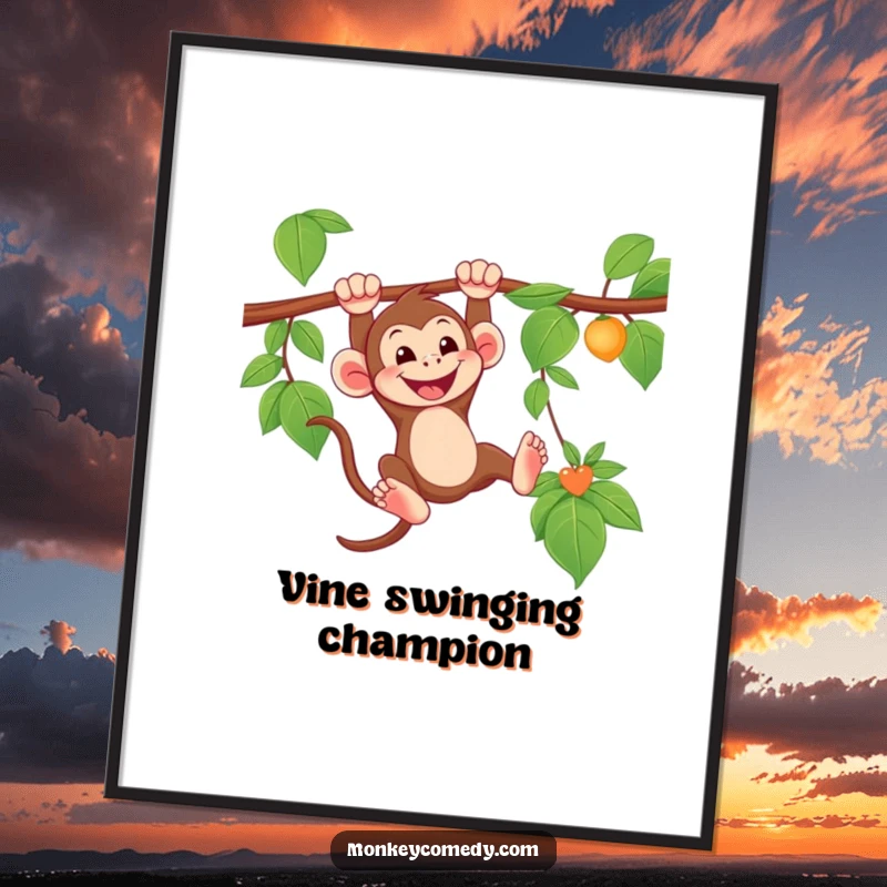 Funny Monkey Poster depicting a grinning monkey swinging from a vine, perfect for adding jungle humor to wall art.