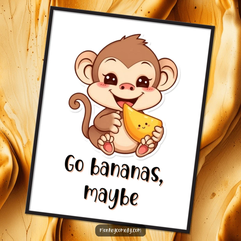 Funny decorative poster of a cute kawaii monkey with a mischievous grin, happily munching on a piece of fruit.