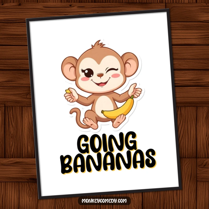 Funny Kawaii Monkey Juggling Poster: Vibrant wall art of a cute monkey juggling bananas with a playful, mischievous wink.