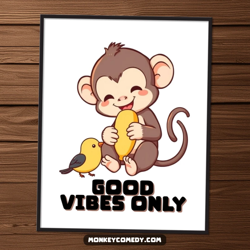 Funny monkey happily sharing a banana with a friendly bird, joyful scene, wall art poster, perfect funny gift.