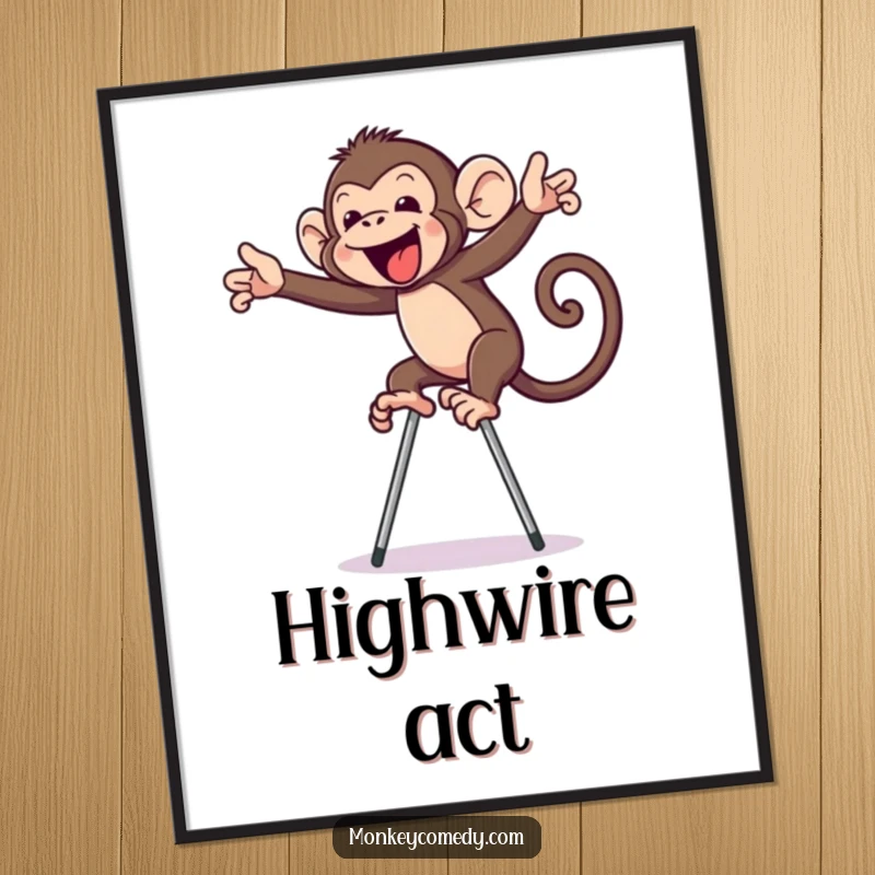 Funny monkey on stilts poster, depicting a primate's comical struggle on stilts, adding vibrant humor and quirkiness to any room.