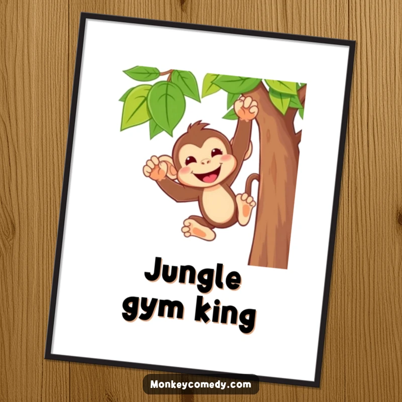 Funny monkey poster showing a cute character with a wide, cheeky grin, swinging joyfully from a vine, adding playful decor.
