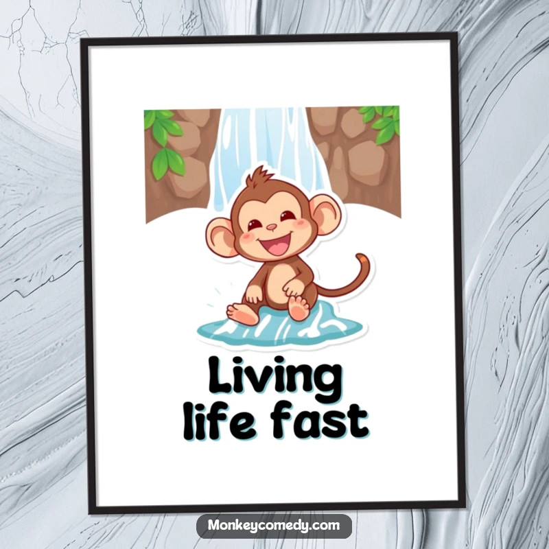 Funny poster art of a monkey joyfully sliding down a dynamic waterfall, bringing excitement and laughter to any room.