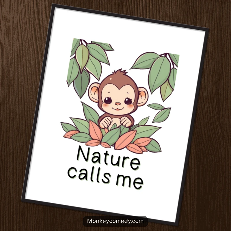 Funny Kawaii monkey peeking from a pile of leaves, creating a charming woodland scene as a poster print.