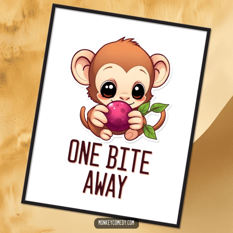 Adorable Kawaii Monkey Poster showing an eager monkey reaching for a berry, perfect for adding charm.