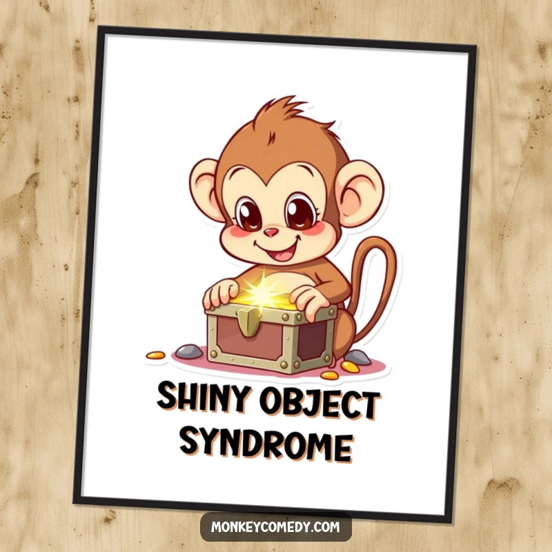 Funny poster art of a monkey with a bright, excited gaze finding a shimmering treasure chest, evoking wonder.