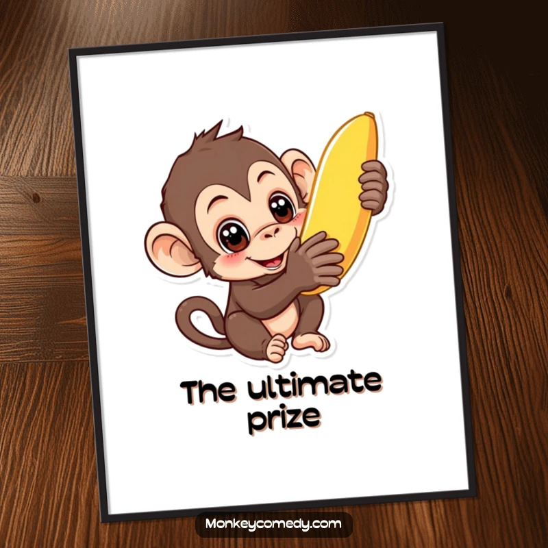 Funny curious monkey poster depicting a monkey with wide eyes reaching for a ripe banana, adding humor to decor.