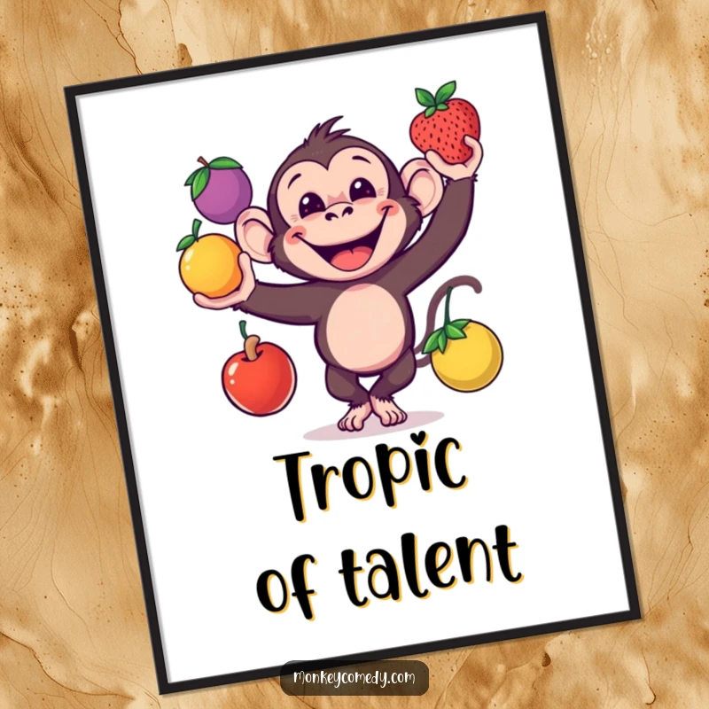 Funny monkey with a wide grin juggling three colorful fruits, displayed as a wall art poster, perfect gift.