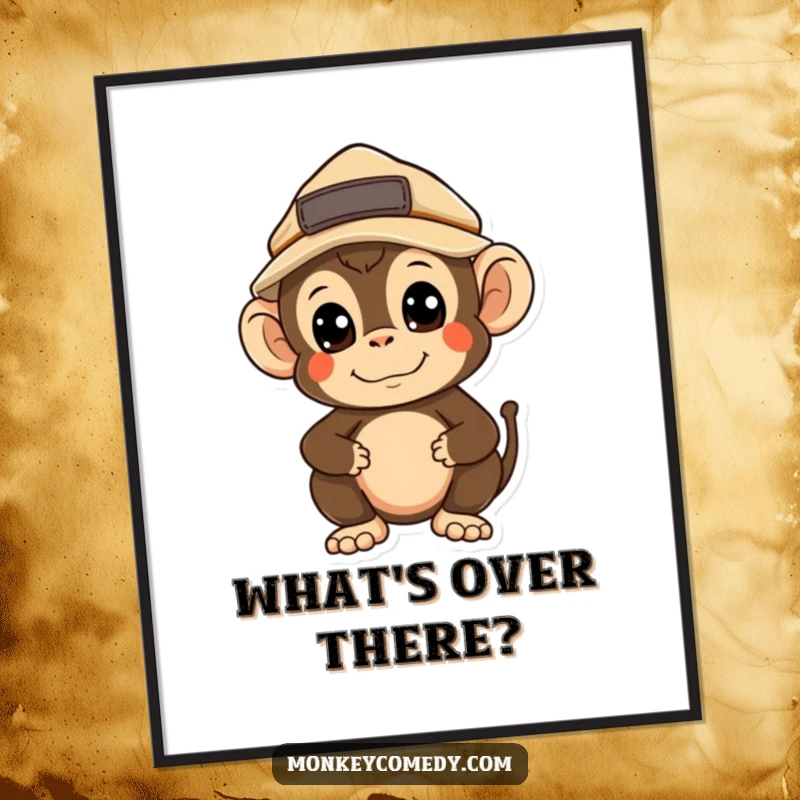 Funny Kawaii Monkey Explorer Poster: A curious, kawaii monkey wearing an explorer hat gazes outwards, inviting viewers on a humorous journey.