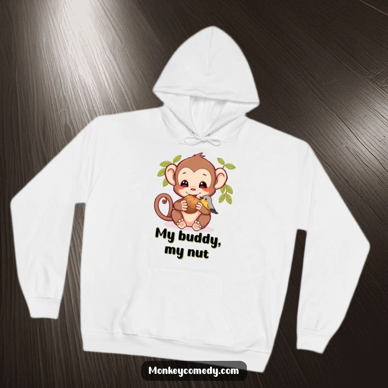 Funny hoodie illustrating a monkey and bird sharing a nut, symbolizing friendship and warmth for a cozy feel.