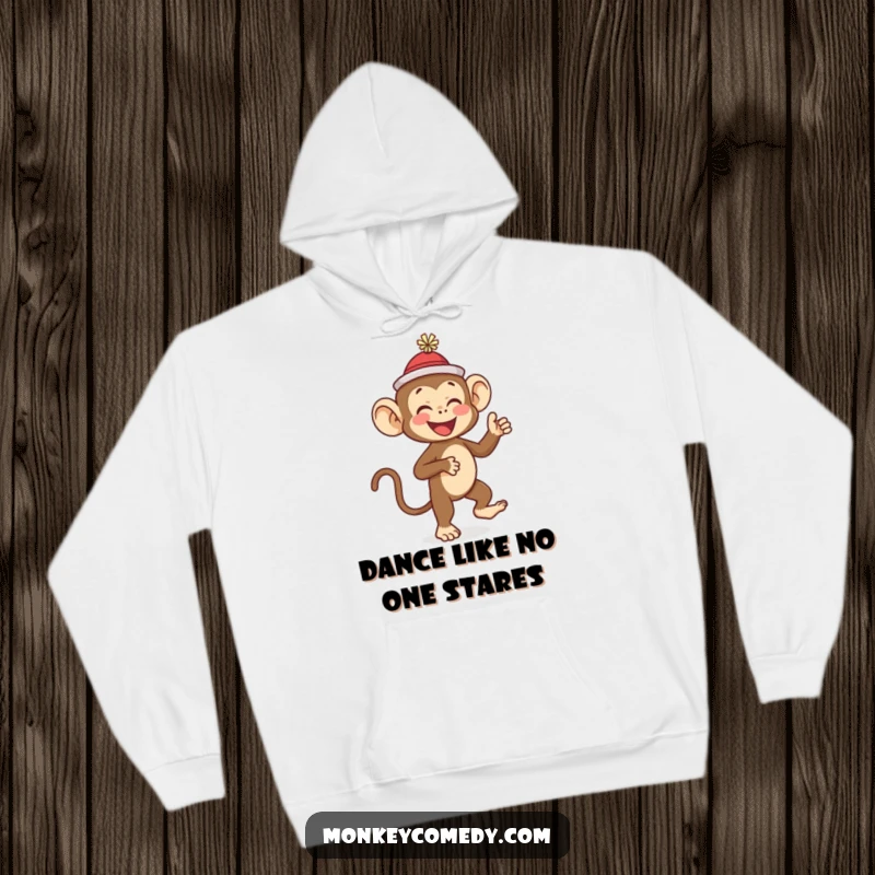 Funny monkey in a small hat giggling and dancing energetically on a cozy hoodie, ideal for a funny gift.