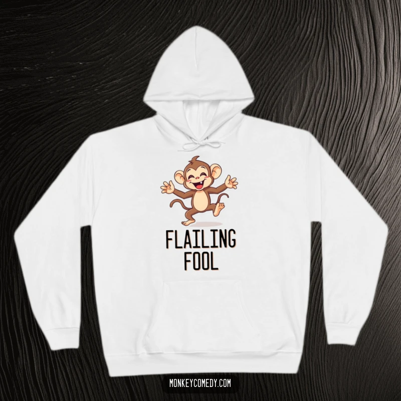 Funny monkey hoodie depicting an energetic character doing a funny dance with arms and legs flailing, designed for comfort and humor.