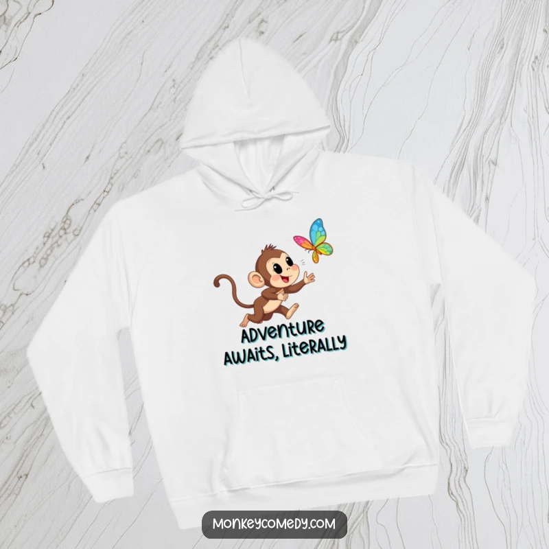 Funny Monkey Chasing Butterfly Hoodie: Enthusiastic monkey energetically chases a bright butterfly, portraying a sense of playful adventure and wild joy.