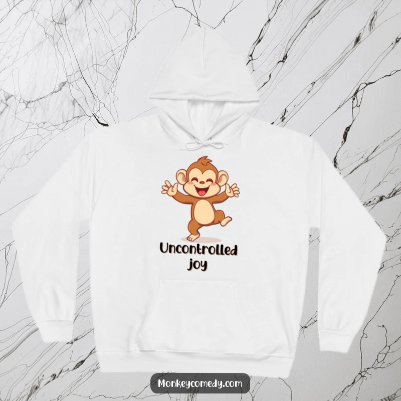 Funny hoodie depicting a monkey mid-silly dance, arms flailing with joyous abandon, radiating infectious energy and playful spirit.
