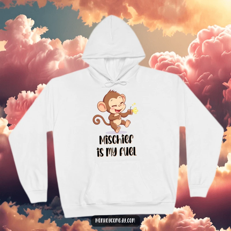 Funny monkey with a mischievous expression, chasing a sparkling firefly, on a warm hoodie, perfect for a funny gift.