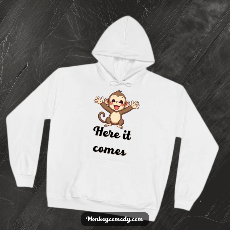 Funny Monkey Hoodie featuring a primate with arms spread wide, ready to catch, exuding warmth and humor.