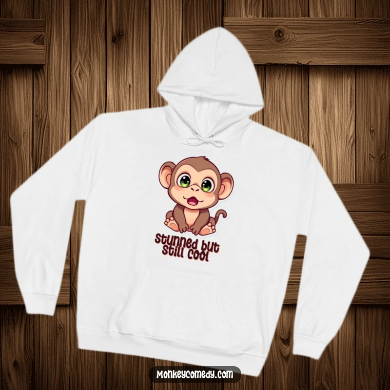 Funny Monkey Hoodie featuring a monkey with wide, surprised eyes, perfect for staying warm and showcasing a humorous, astonished reaction.