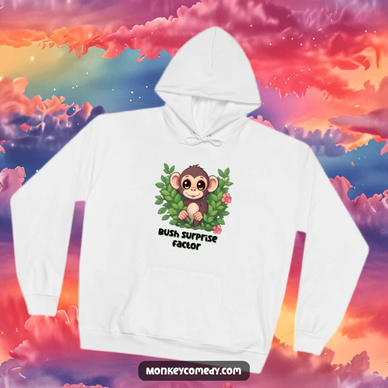 Funny hoodie featuring a monkey with wide, surprised eyes peeking from behind a bush, perfect for cozy jungle vibes.