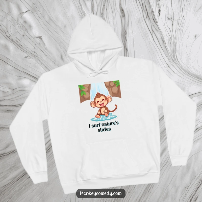 Funny hoodie with a happy monkey sliding down a waterfall, conveying extreme joy and a love for thrilling adventures.