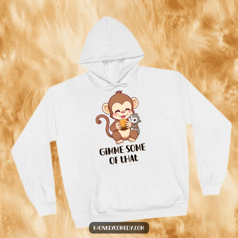 Funny Kawaii Monkey Hoodie: A delightful monkey shares a nut, radiating friendship and adorable charm for cozy wear.