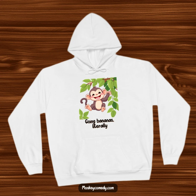 Funny kawaii monkey hoodie, wide grin, swinging playfully, cozy and adorable jungle wear.
