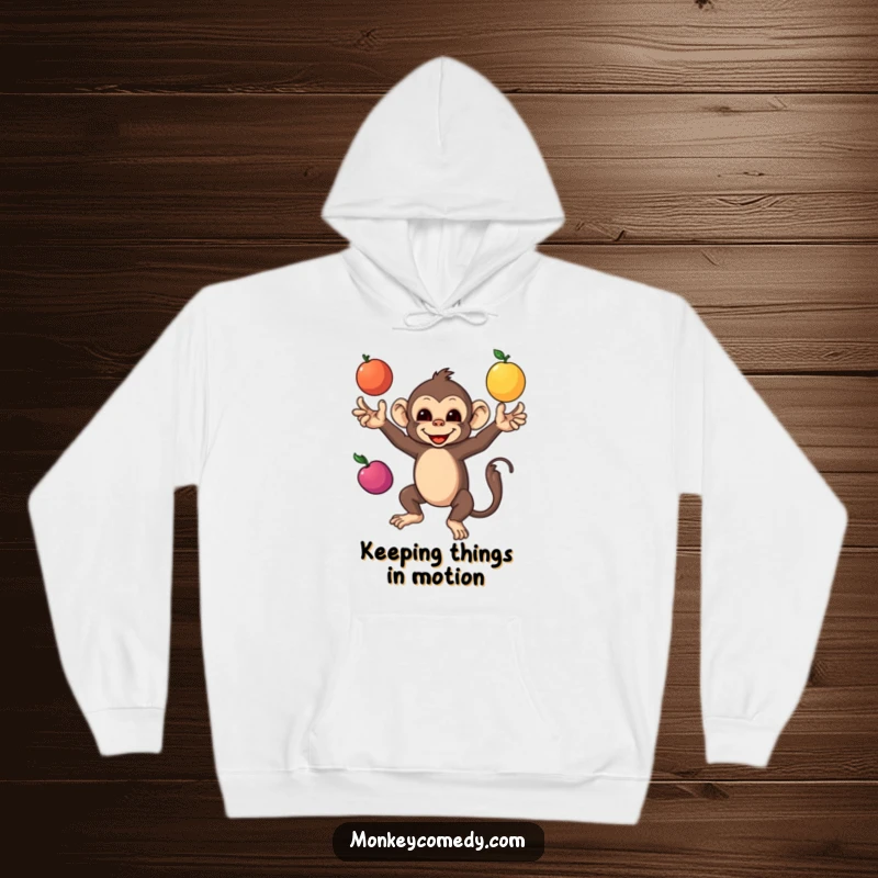 Funny Monkey Hoodie featuring a skillful monkey juggling colorful fruits, perfect for staying warm and showcasing a playful, multi-talented personality.