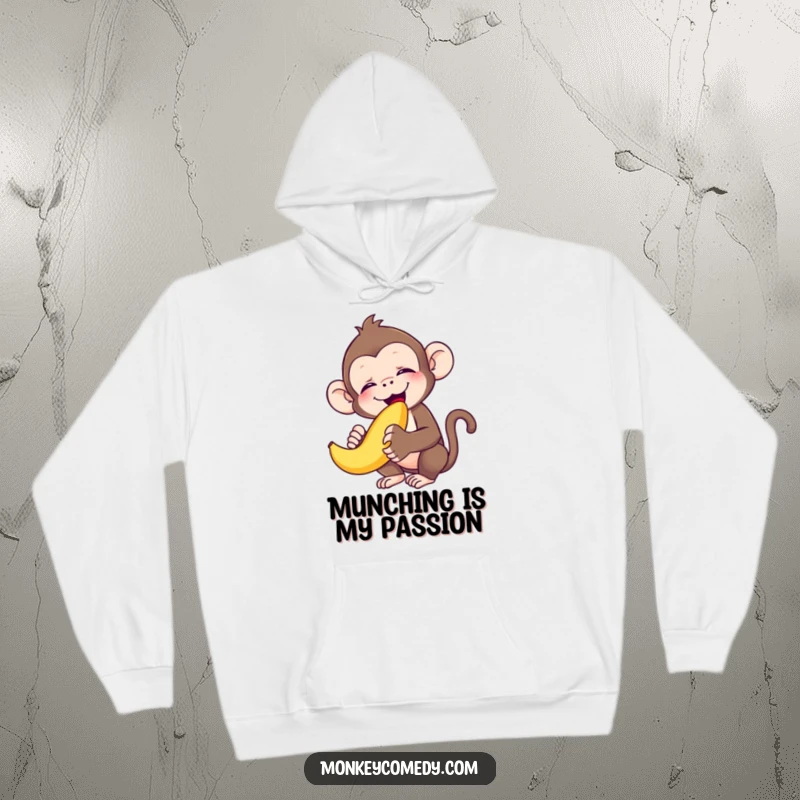 Funny monkey eyes closed in bliss, happily munching a banana, designed for a cozy and funny hoodie gift.