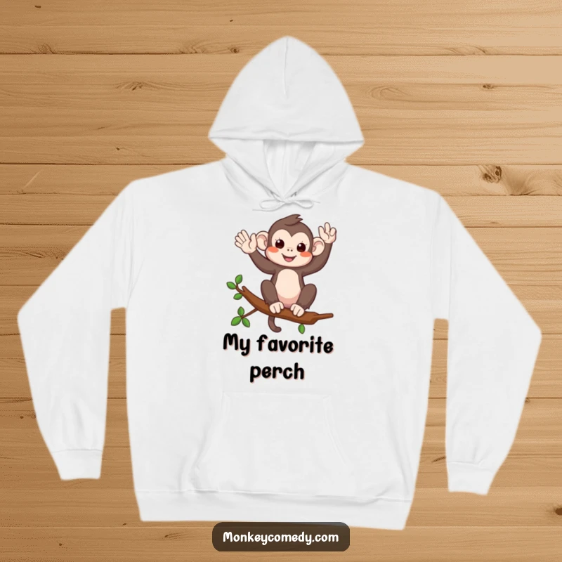 Funny hoodie featuring a cheerful monkey on a branch, waving a playful hello to bring smiles.