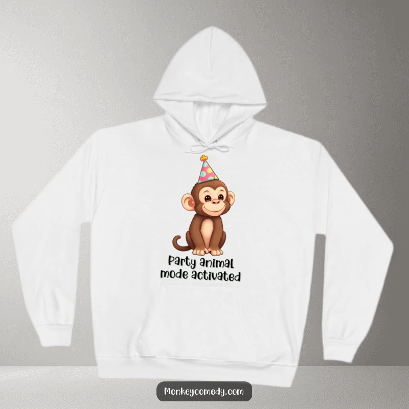 Funny Monkey Hoodie with a cute monkey wearing a small party hat, embodying a festive and joyful spirit perfect for casual wear.
