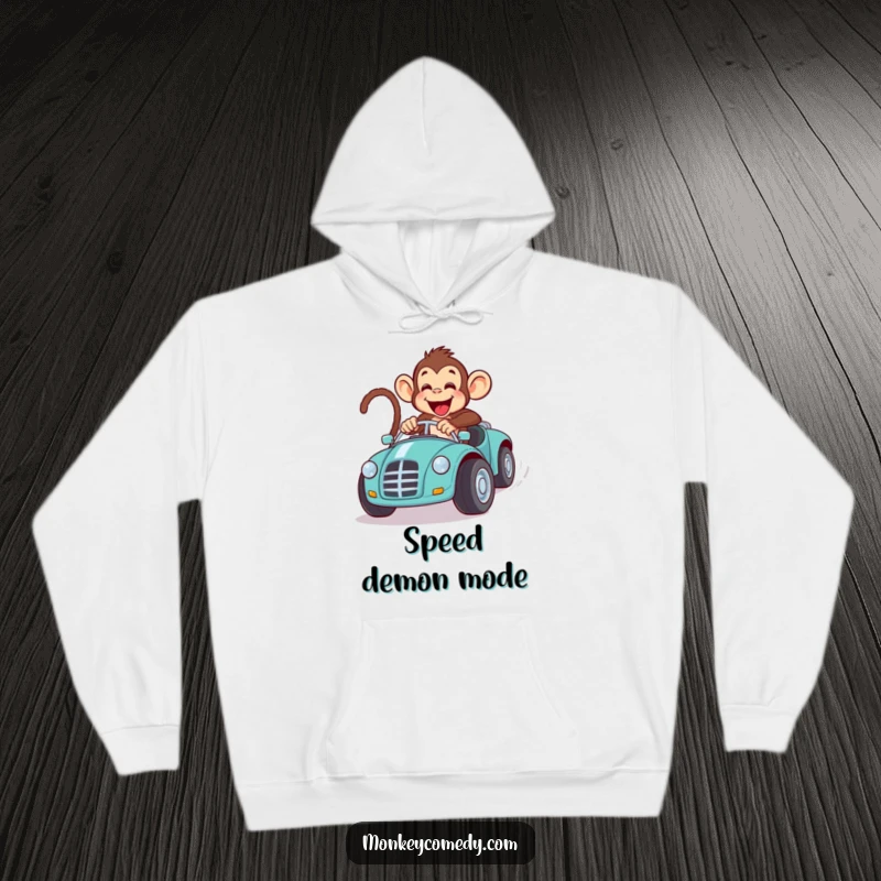 Funny monkey toy car race hoodie, featuring a primate focused on winning a comical race in a large toy car.