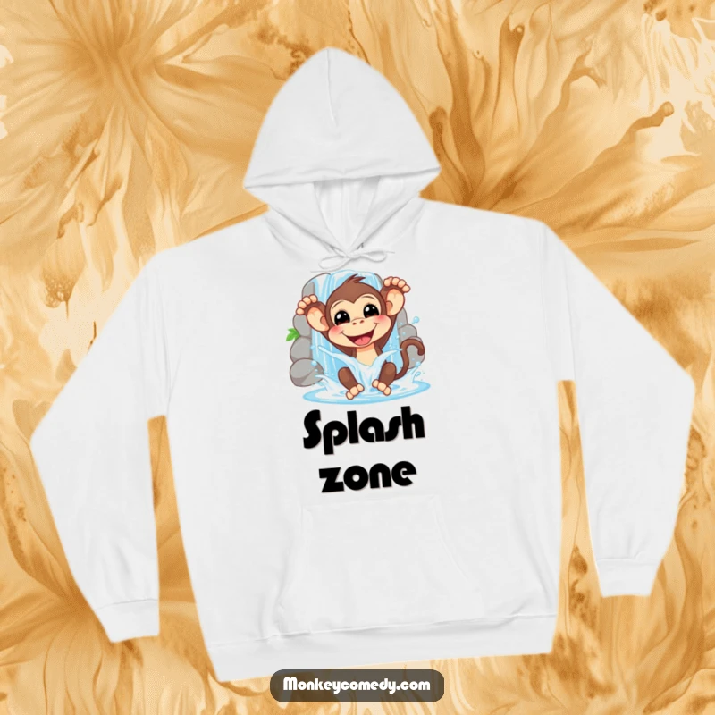 Funny hoodie illustrated with a smiling monkey enthusiastically splashing water from a waterfall, bringing a sense of playful, cool fun.