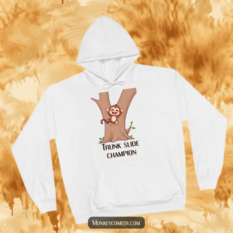 Funny monkey hoodie featuring a gleeful monkey sliding down a smooth tree trunk, capturing the essence of carefree fun.