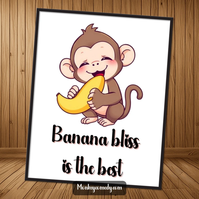 Funny Free Printable Wall Art: A monkey enjoys a banana with eyes closed in pure bliss. Humorous, downloadable decor for a happy atmosphere.