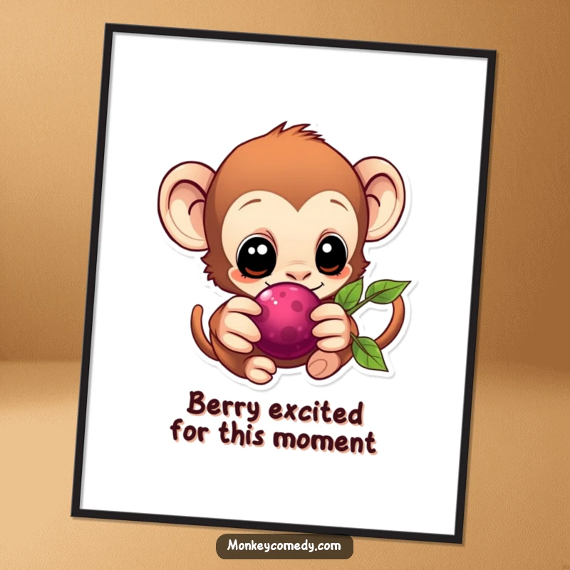 Eager Free Printable Monkey Wall Art: A kawaii monkey with big eyes reaching out to grab a tempting berry.