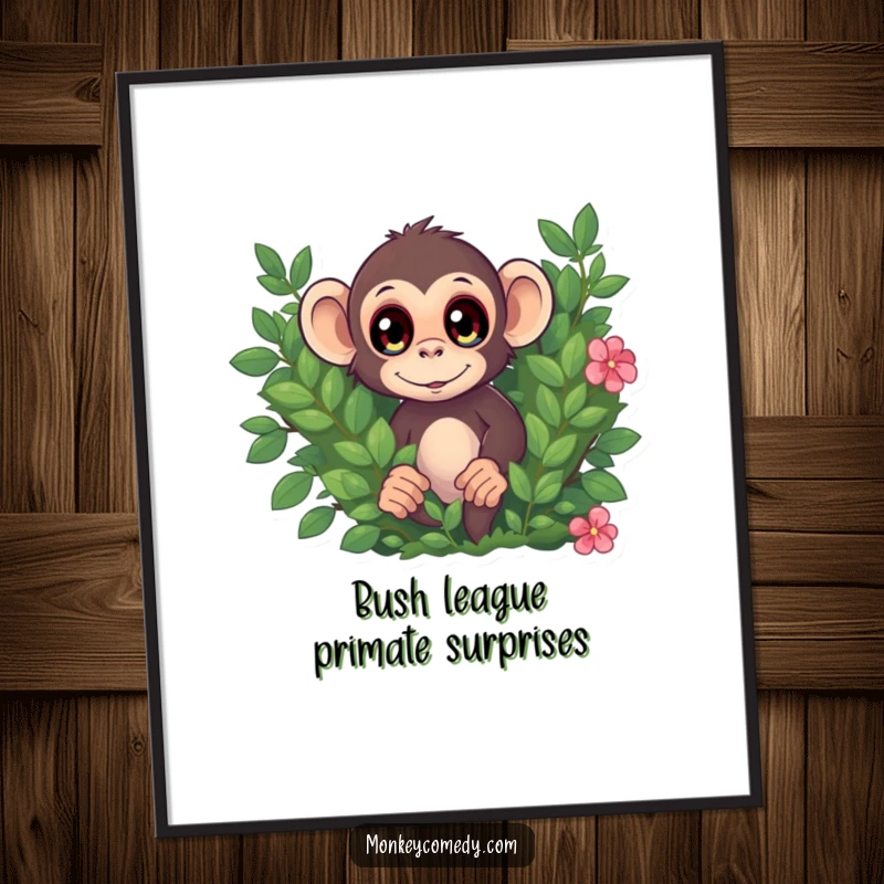 Funny Free Printable Wall Art: A wide-eyed monkey pops its head out from behind a leafy bush.
