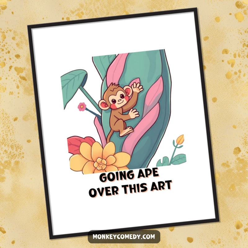 Funny Free Printable Wall Art depicting a cute Kawaii monkey enthusiastically climbing a huge, brightly colored plant, bringing jungle vibes home.