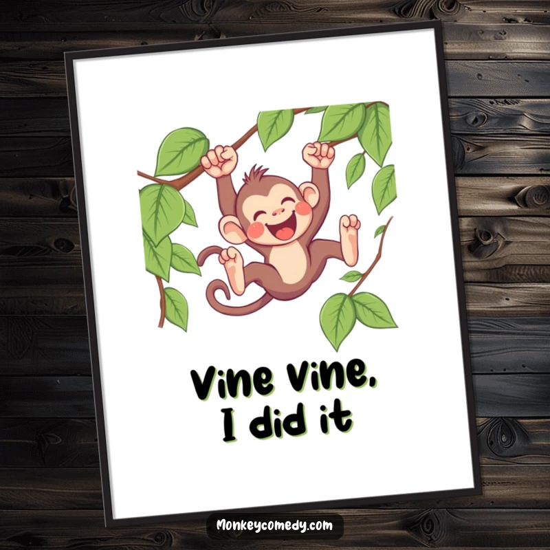 Funny Free Printable Wall Art showing a delighted Kawaii monkey sliding gleefully down a leafy vine, capturing pure, unadulterated fun.