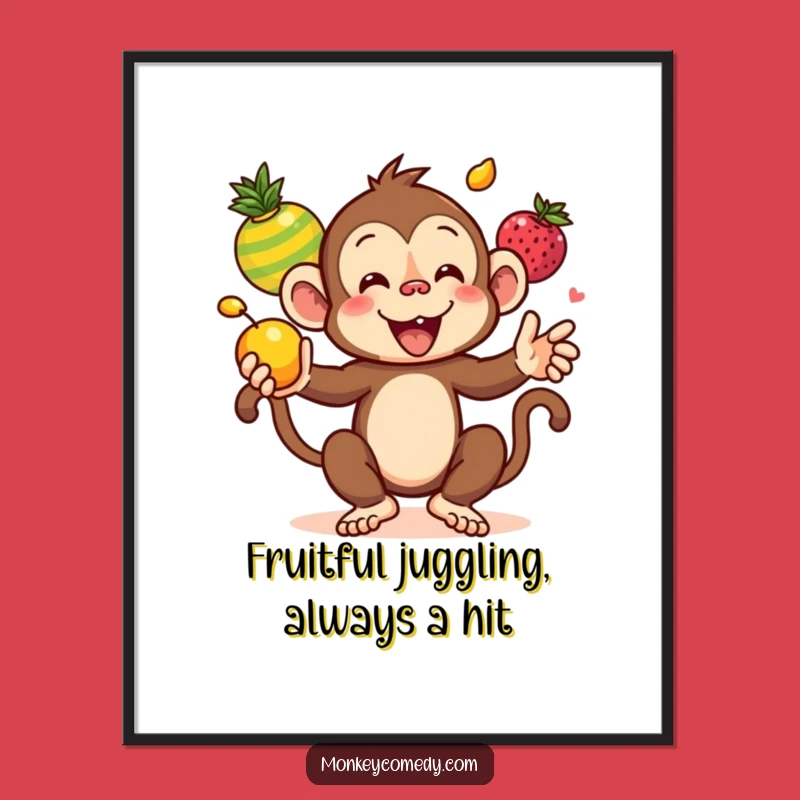 Free Printable Wall Art: Funny Kawaii Monkey Juggling Fruits, Quirky Downloadable Decor!