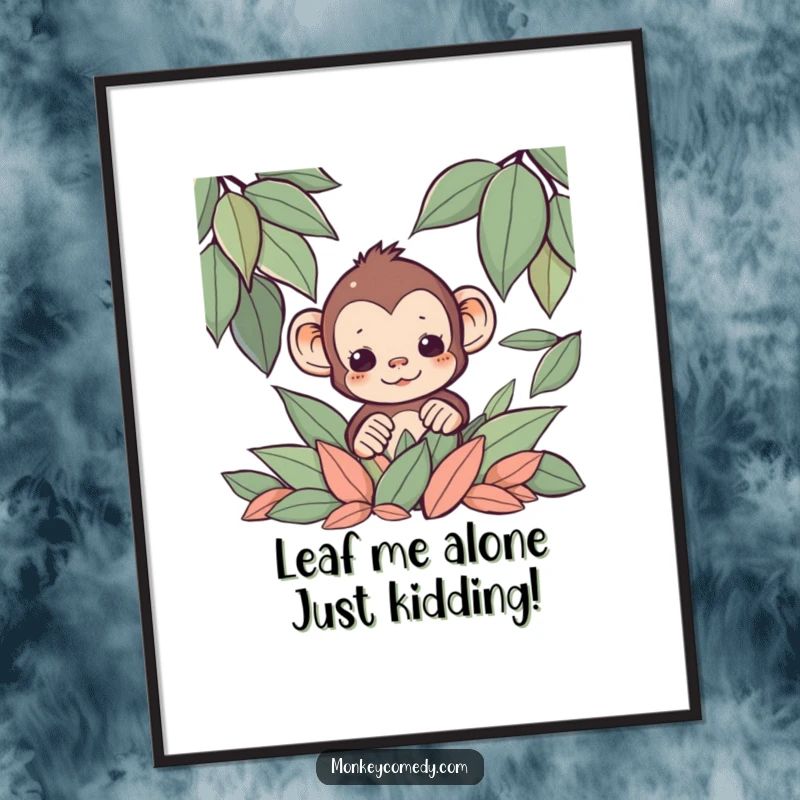 Funny Free Printable Wall Art: A charming Kawaii monkey peeking shyly from behind a pile of colorful leaves, with a hint of a smile.